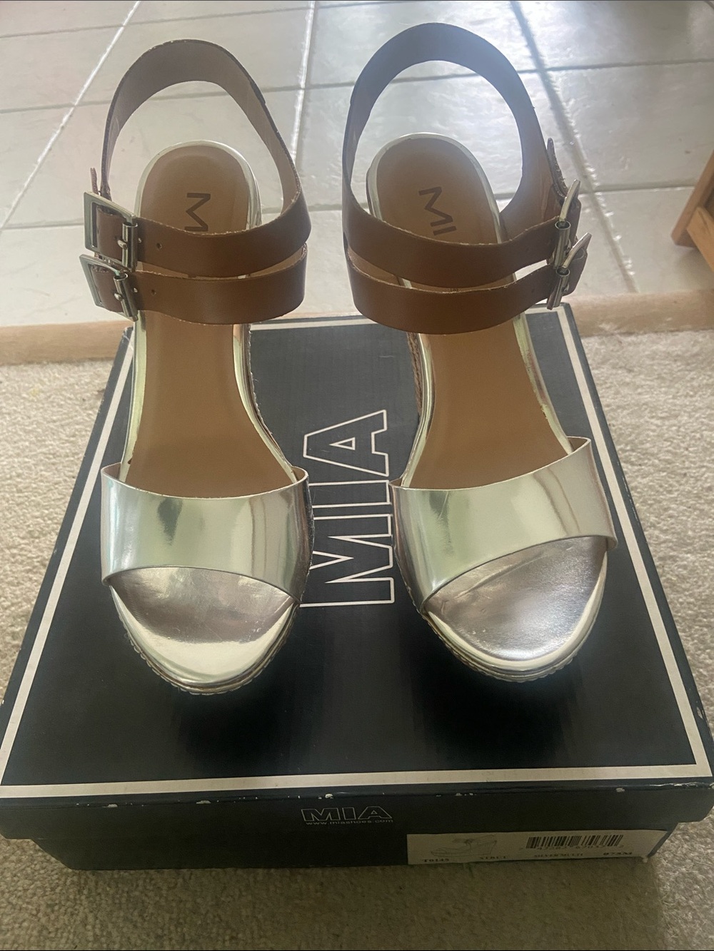 MIA Metallic Silver & Brown Leather Platform Sandals